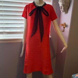 Vintage Coral Short-Sleeve Bow-Accent Women's Dress